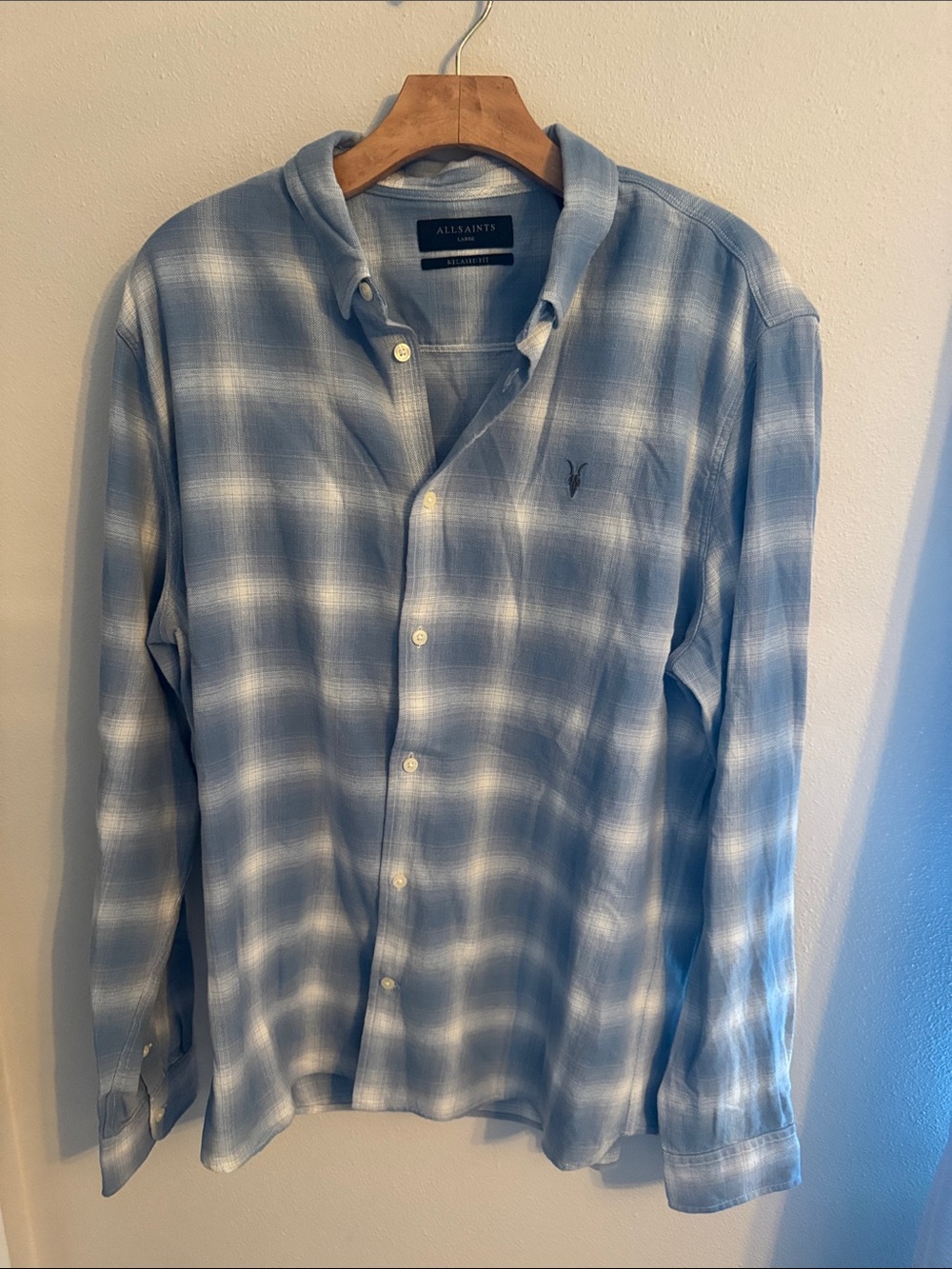 All Saints Light Blue and White Button-Down Plaid Shirt
